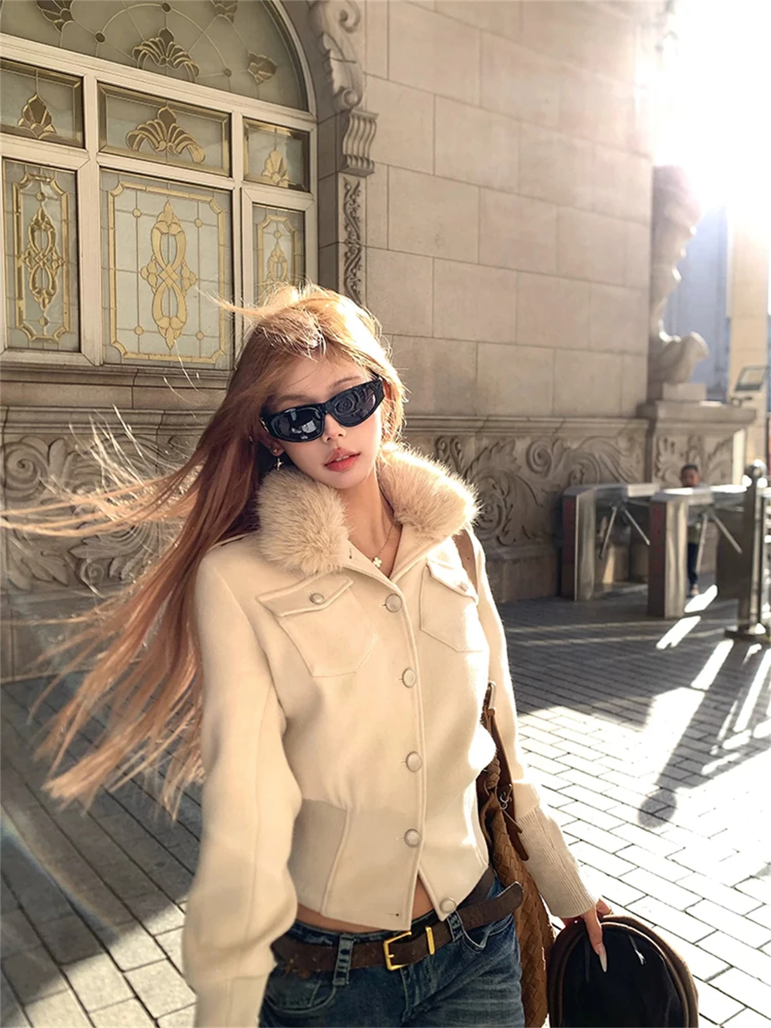 Vintage Retro Faux Fur Collar Cropped Wool Jacket Women Button Flap Pockets Slim Fit Fall Winter Streetwear Casual Coat