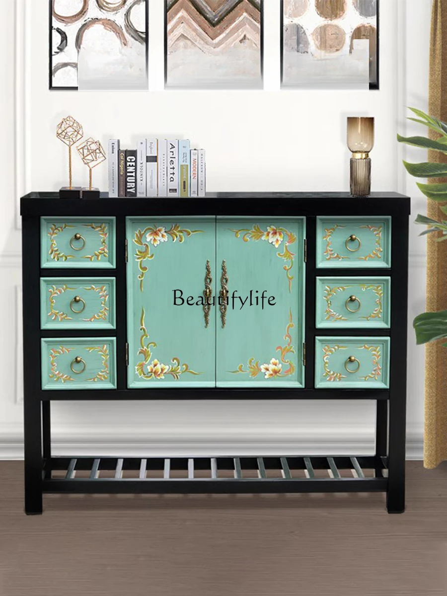 

American Country New Chinese Style Sideboard Cabinet Green Decorative Classical Painted Hallway Storage Storage Side Cabinet