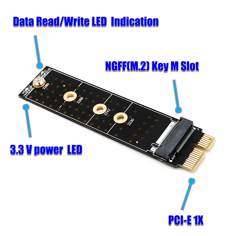 Adaptador PCIE para M2, PCI Express, PCI E X1 para M.2, NVMe M Key Riser, Dissipador de alumínio, Suporta 2230, 2242, 2260, 2280, SSD, Novo