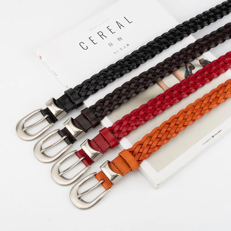 Fashion Braided Leather Belt Handmade Woven Cowhide Vintage Alloy Pin Buckle Versatile Waistband Accessory for Jeans Pants Dress