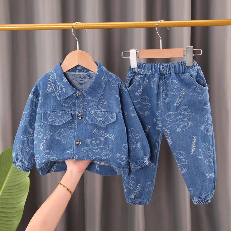 2023Baby boy spring autumn fashion denim suit boy cowboy tooling single-breasted cartoon denim overcoat+jeans 2-piece suit 0-4Y