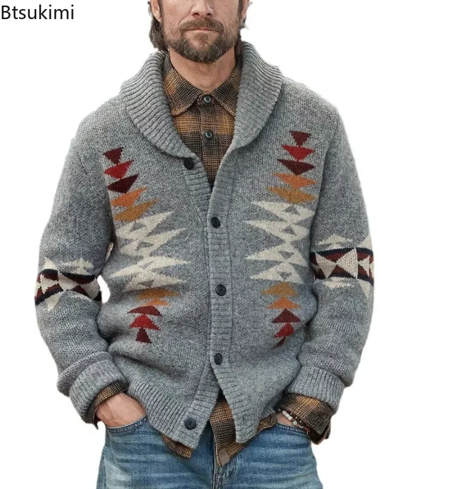 Suéteres gruesos y cálidos para hombre, cárdigan de punto con solapa, manga larga, Jacquard, Vintage, otoño e invierno, novedad de 2024