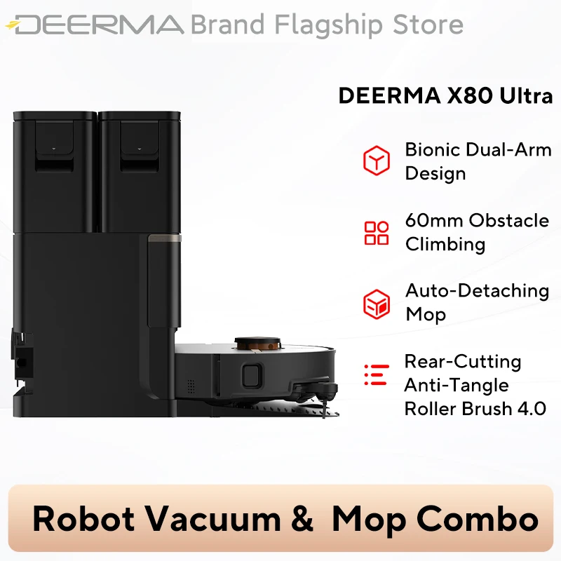 Deerma X80 Ultra robotstofzuiger, met een krachtige zuigkracht van 23.000 Pa en dubbele laser voor obstakeldetectie.