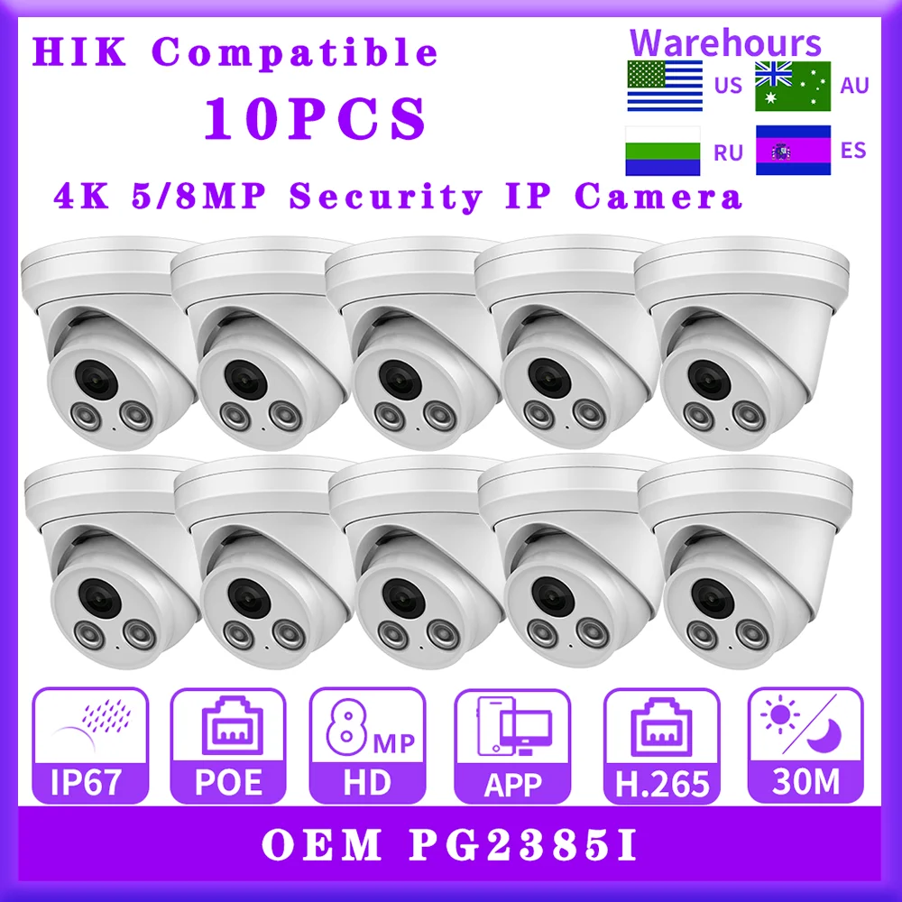 10PCS Hikvision Compatible 4K 8MP Security IP Camera 5MP POE Human/Vehicle detect with MIC home CCTV OnVif Network Camera