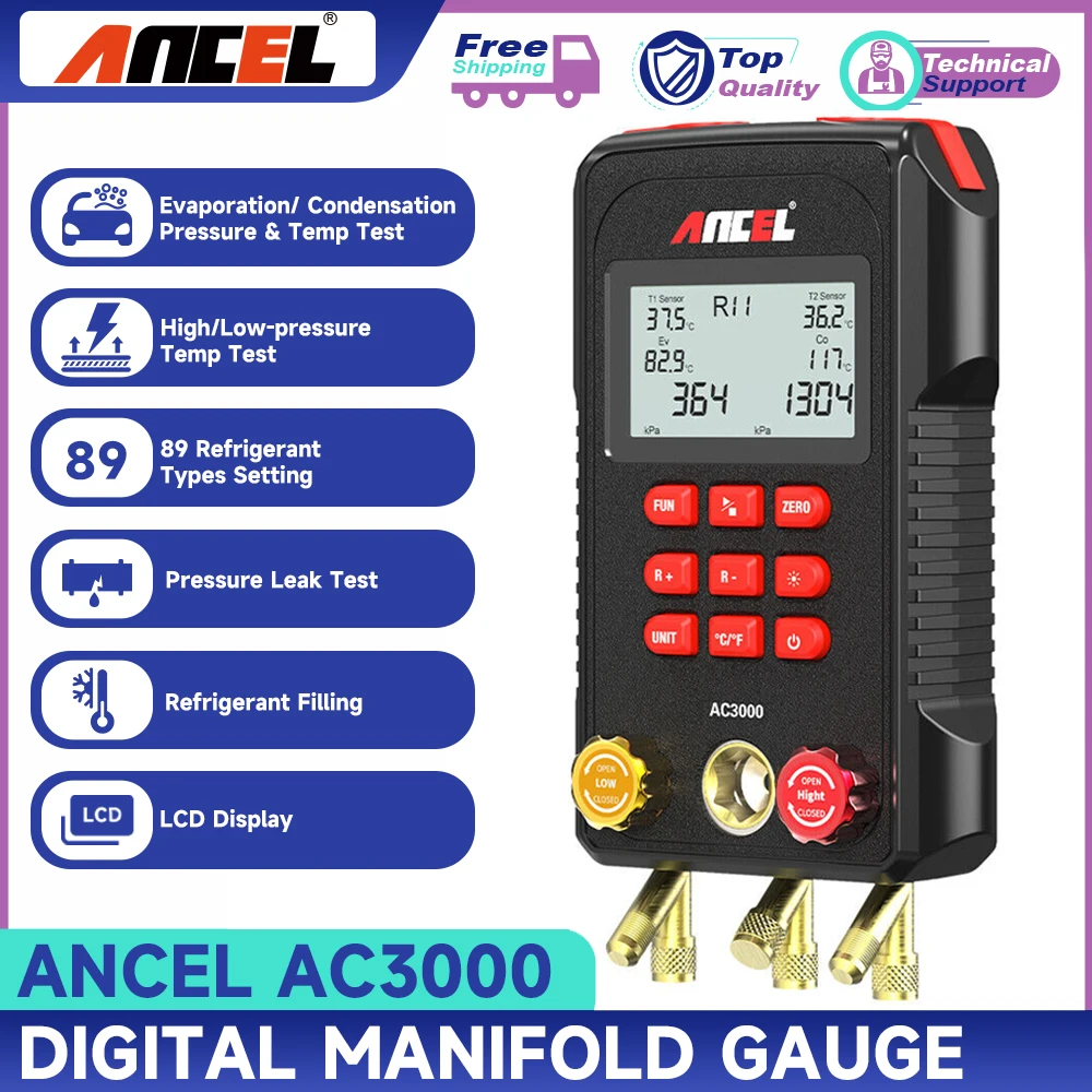 

ANCEL AC3000 Manifold Gauge Air Conditioner Refrigerant Leak Manifold HVAC Vacuum Pressure Temperature Tester Digital Manifold