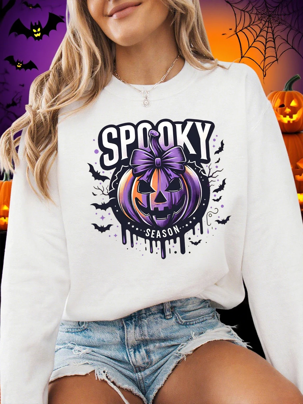 Spooky Season Pumpkin Lantern Prints Halloween Sweatshirt Women O-Neck Casual Hoodie Loose Fleece Warm Tops Winter Soft Clothes