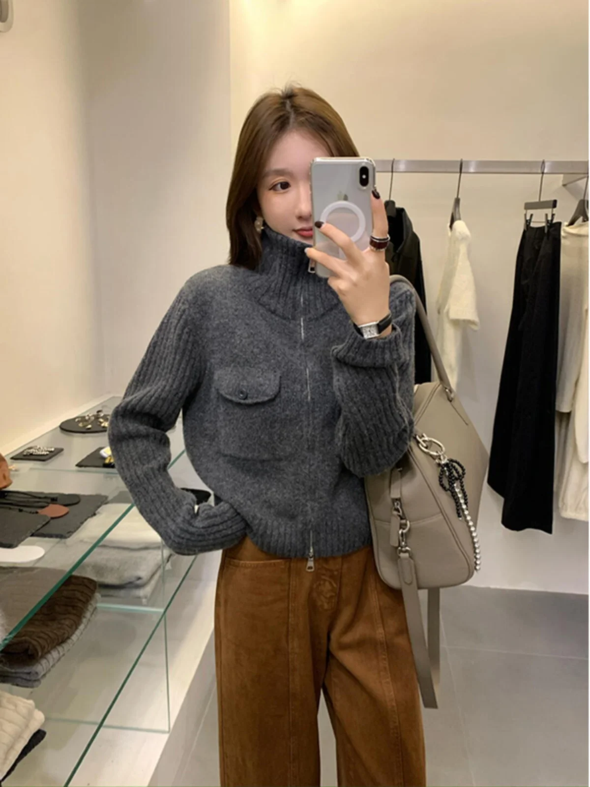 아메리칸 슬레 레트로 레이지 더블 지퍼 니트 하이 칼라 스웨터 코트 여성용 가을 겨울 신상 안티에이징 트렌디