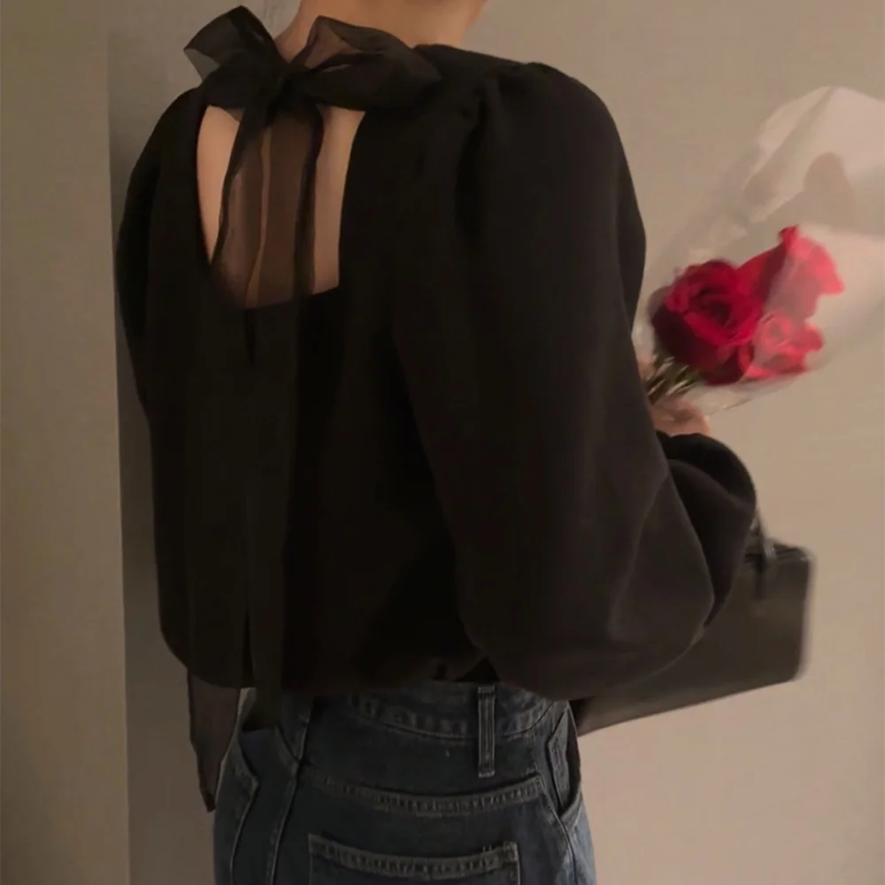 

Ele Loose Women's irt with Knot Ba And Bubble Sves Chic Autumn Faion French Sle Long Sve Pure Color