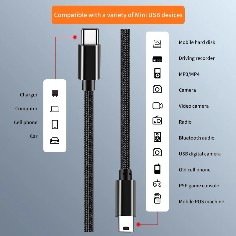 USB Type C to Mini USB Adapter Cable for Camera MP3 MacBook Pro HDD Charging Cable Data Transfer Connector Type-c Mini USB Cable