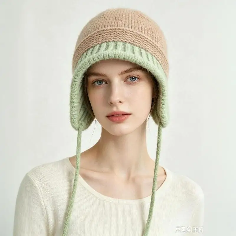 2026 Neue Y2K Herbst-Winter Warme Wollmütze für Damen, Modische Vintage Farbblock-Strickmütze mit Ohrenschutz, Vielseitige Faltbare Kappe – Detail 8
