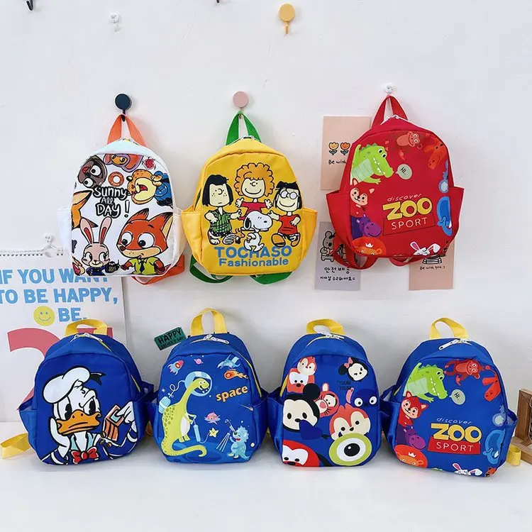 Mochila escolar con estampado de dibujos animados para niños y niñas, bolso de dos hombros, piel de nailon, marca Disney