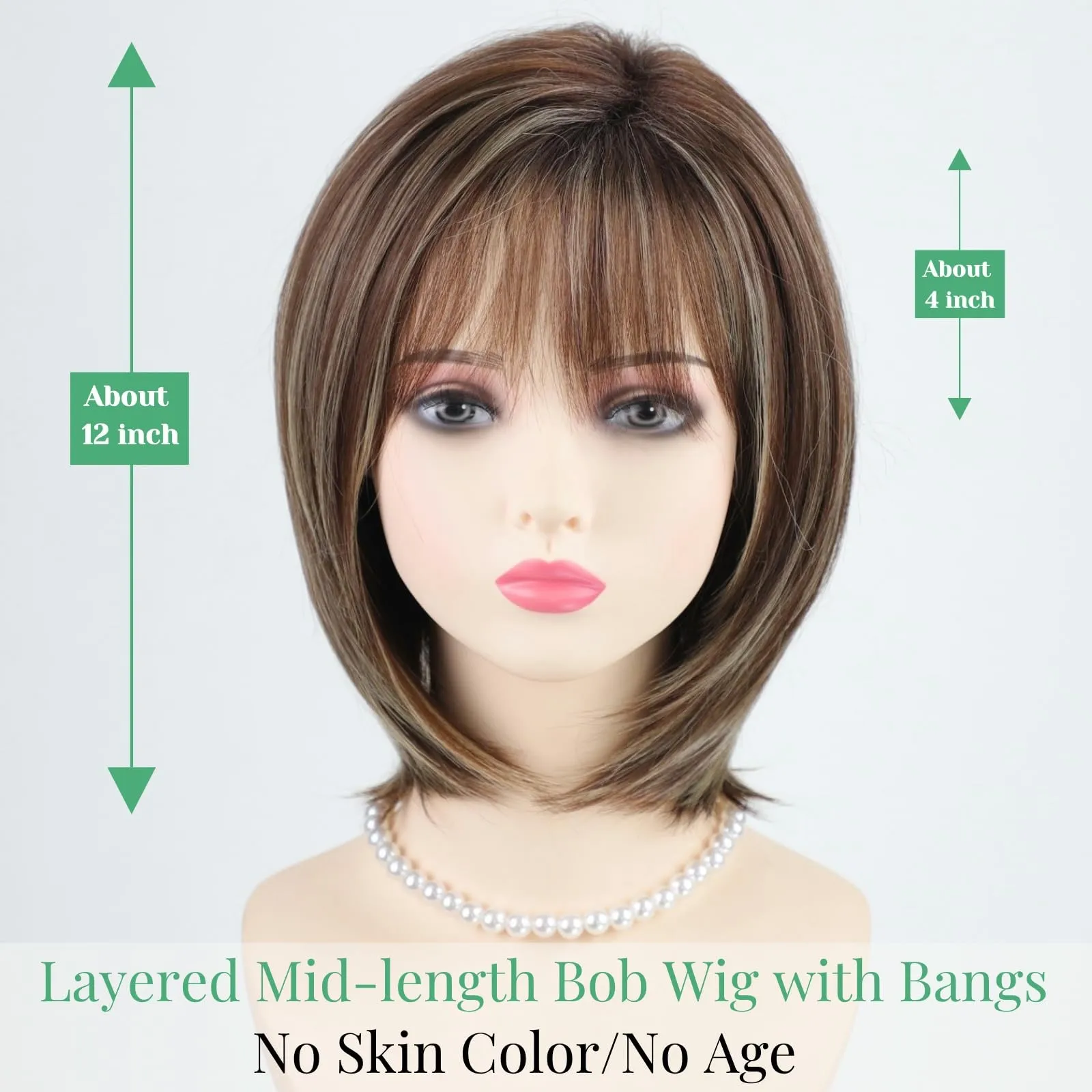 Peluca Bob en capas con reflejos rubios, color marrón ombré, con flequillo, longitud media S...