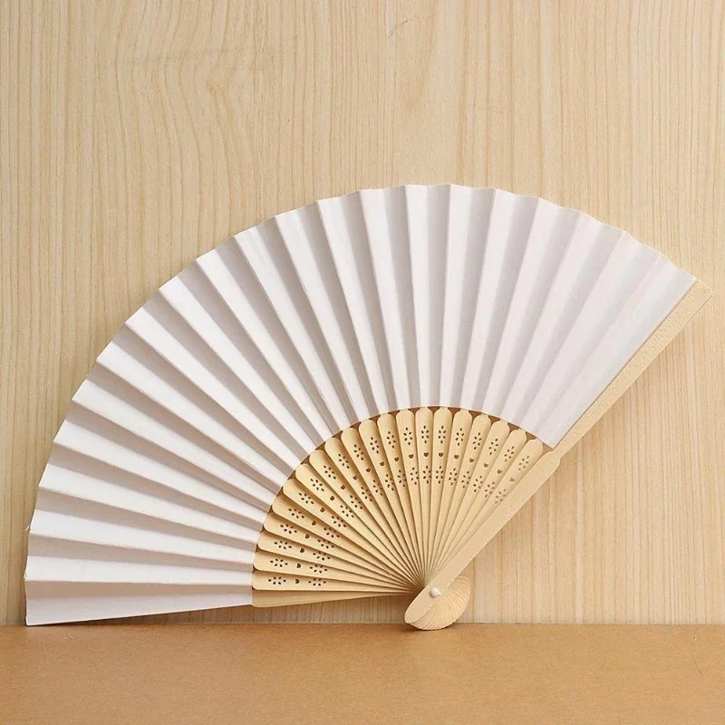 1-10PCS Handgehaltene Fächer aus weißem Papier, Bambus-Holzgriff, faltbare Fächer, handgefalteter Fächer für Hochzeit, Party, DIY-Dekoration