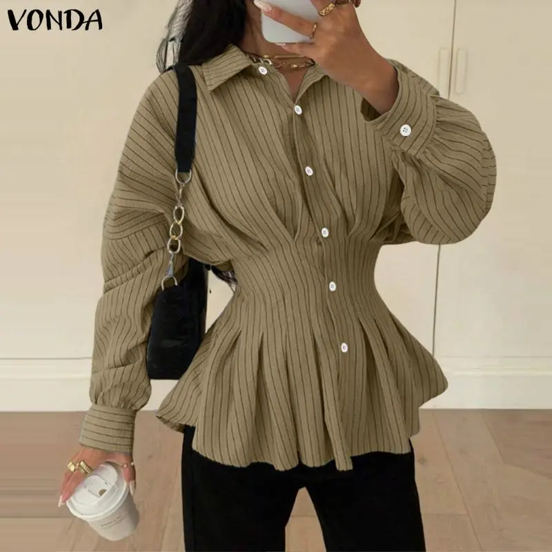 

VONDA Elegant Striped Shirts Women Long Sleeve Tunic Tops 2026 Spring Autumn Casual Lapel Fashion Office Lady Streetwear Blusas