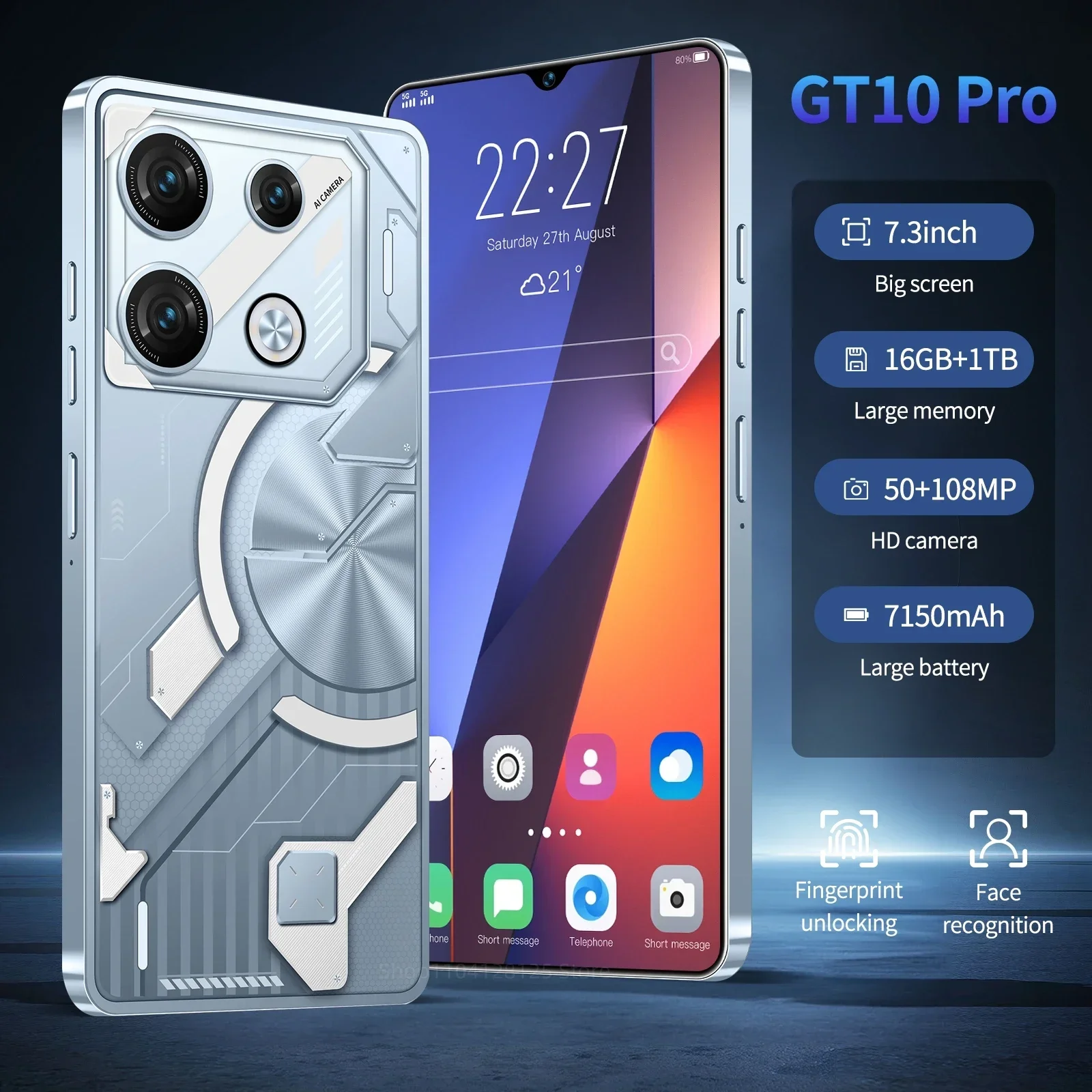 

GT10 Pro Mobile Phones 7.3 HD Smartphone Original 5G Dual Sim Cellphones Android Face Recognition Unlocked 108MP Cell Phone