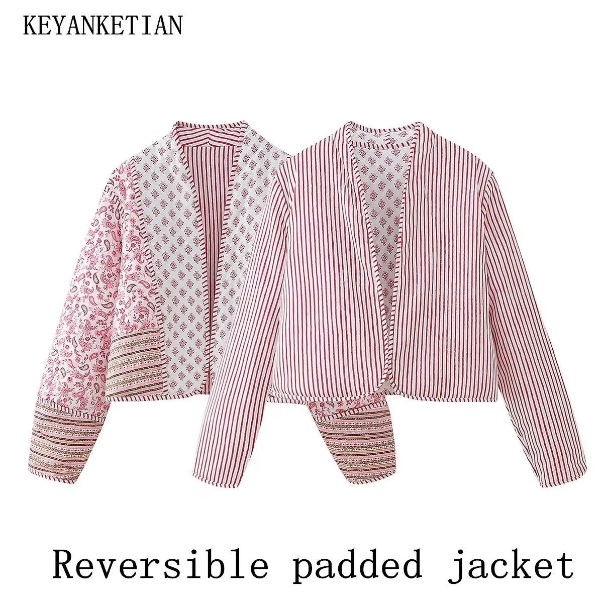 KEYANKETIAN Winter New Women\'s Reversible Floral Printed Short Padded Jacket Holiday wind Loose Quilting Crop Top Outerwear