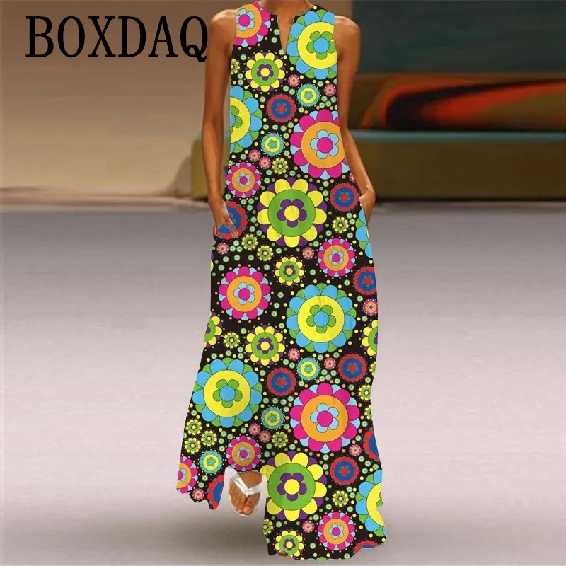 Power Flower długie sukienki damskie letnia seksowna bez rękawów, dekolt w serek, luźna sukienka moda 3D drukuj na co dzień kieszenie Maxi sukienka Sundress — zdjęcie 5