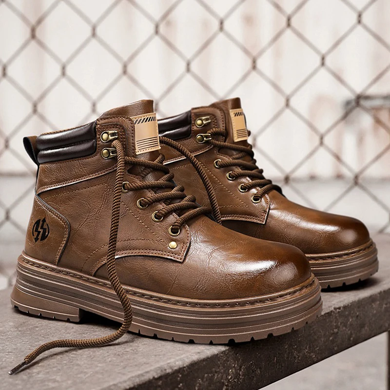 

British Style Brown Men Motorcycle Shoes Comfortable Leather Outdoor Men's Working Boots Casual Versatile Platform Boots For Man