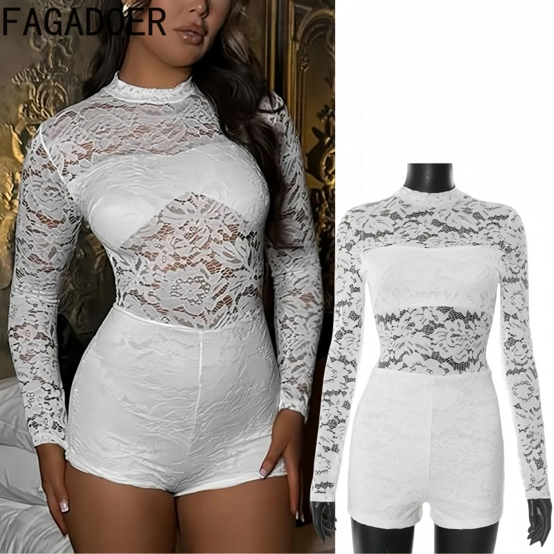 

FAGADOER Y2K Sexy Lace Patchwork Bodycon Rompers Women White Hollow Out See Through Jumpsuit Female Streetwear Overalls New