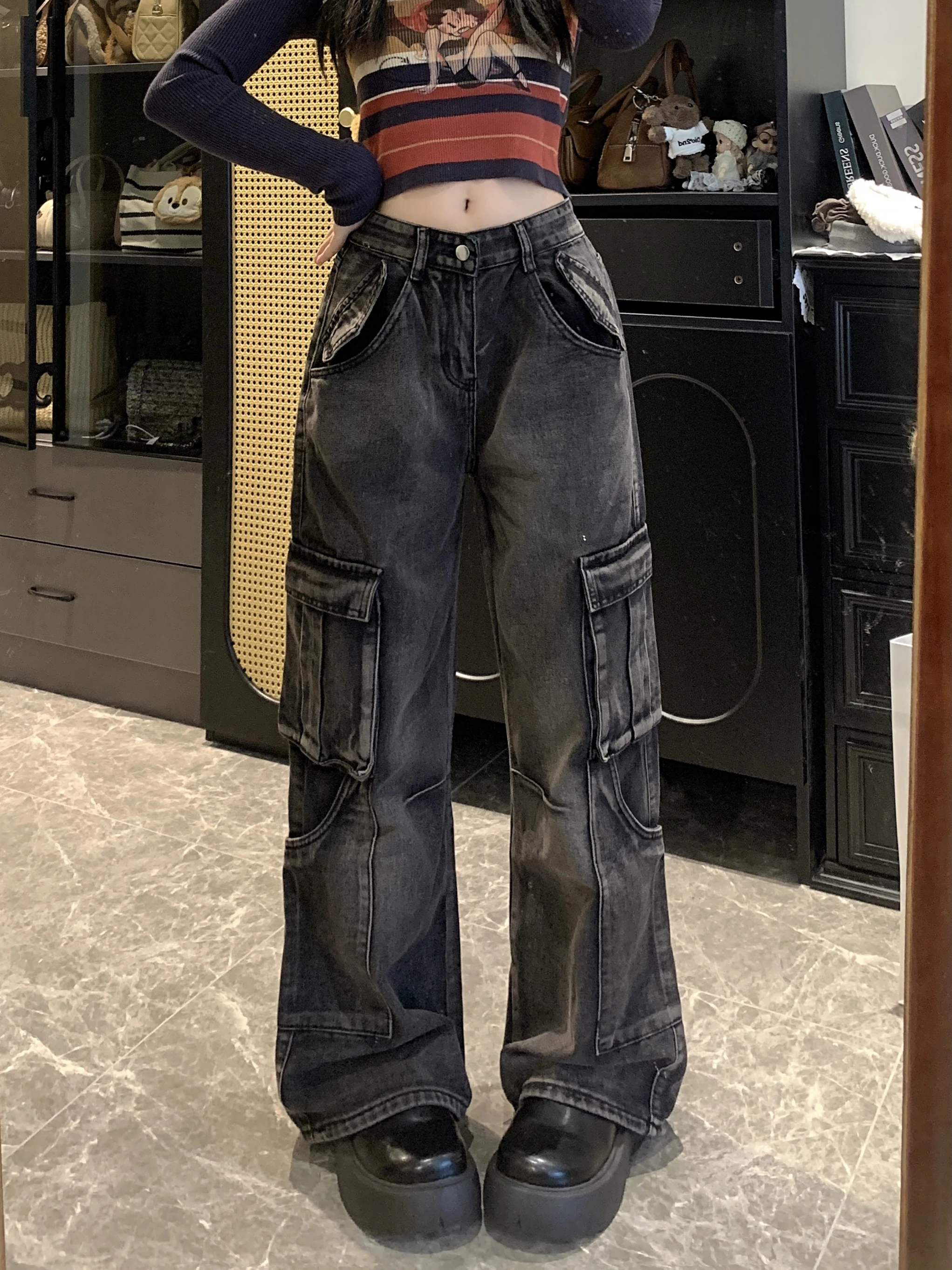 

Джинсы High Street для девочек, свободные брюки-карго длиной до пола с драпировкой унисекс и прямыми штанинами