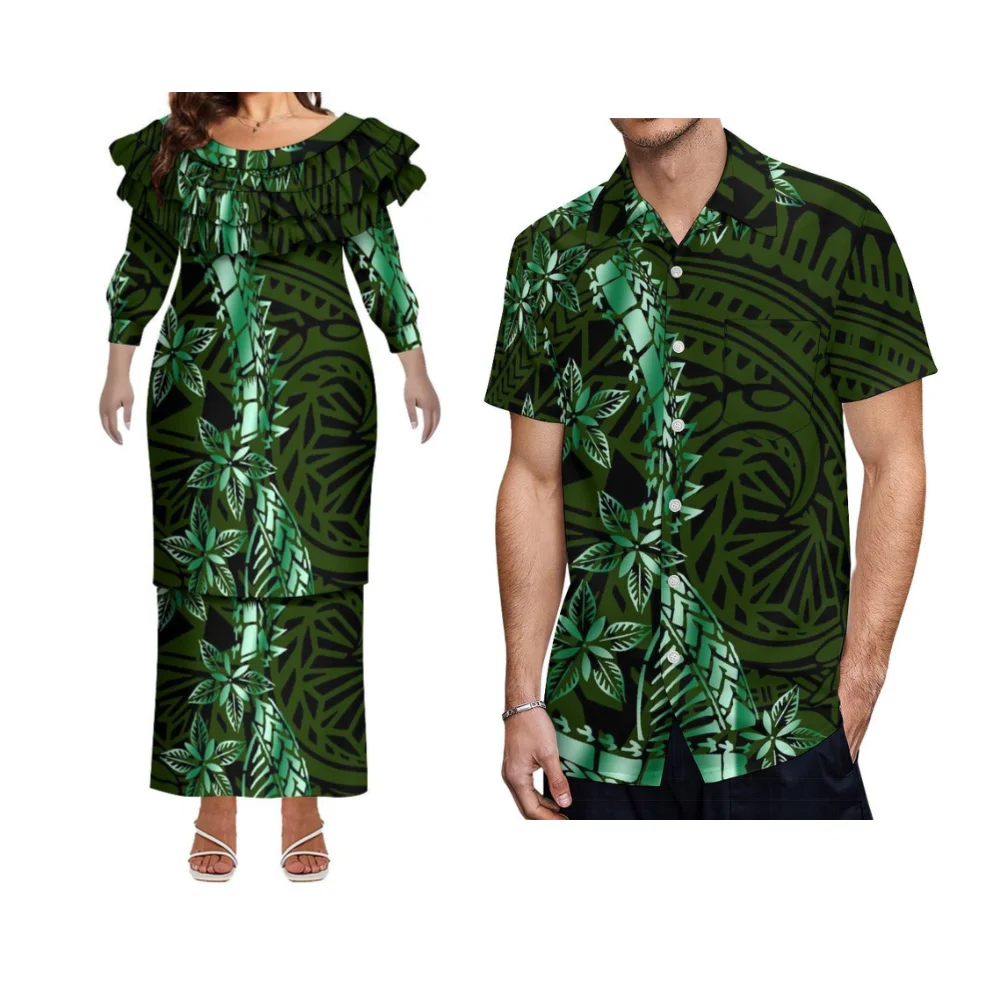 Tasse incluse feuille de Lotus dentelle col rond mince Puletasi costume Long robe chemise décontractée pour hommes vêtements de Couple motif personnalisé polynésien