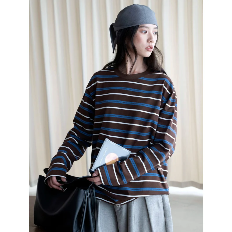 QICHE 2026 Women Japanese Style Crew Neck Color Block Stripe Knit T Shirt Loose Casual Long Sleeve Layering Top Autumn