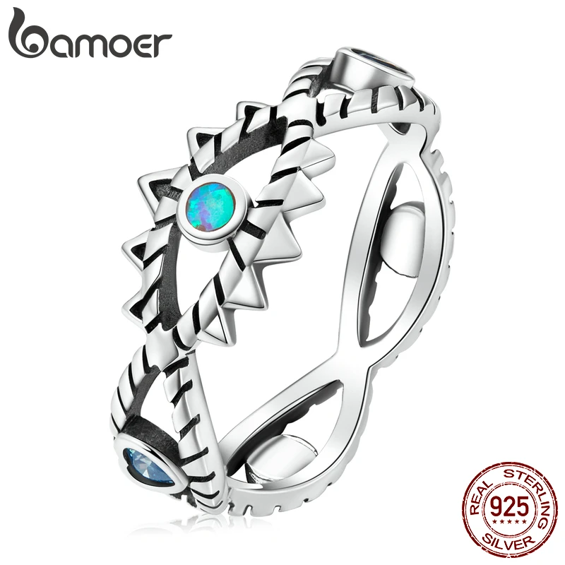 BAMOER 925 Sterling Silver Hollow Design Shining Demon Eye Ring for Women Cool Band Ring Size 6 7 8 Women Statement Jewelry Gift