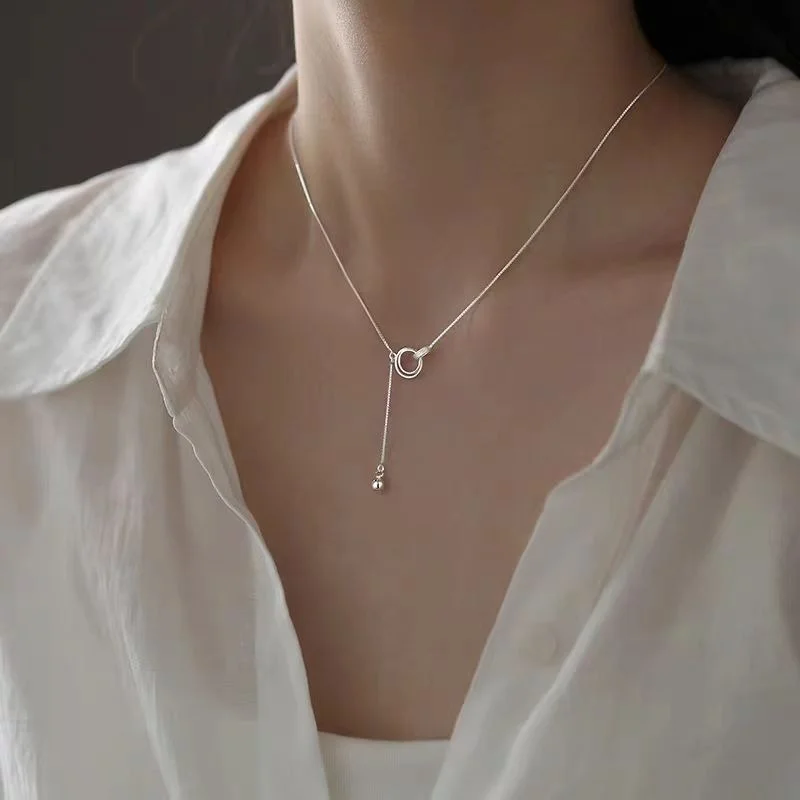 

2025 New 990 Silver Double Circle Bead Necklace for Women Luxury Clavicle Chain Trendy Fine Jewelry Present