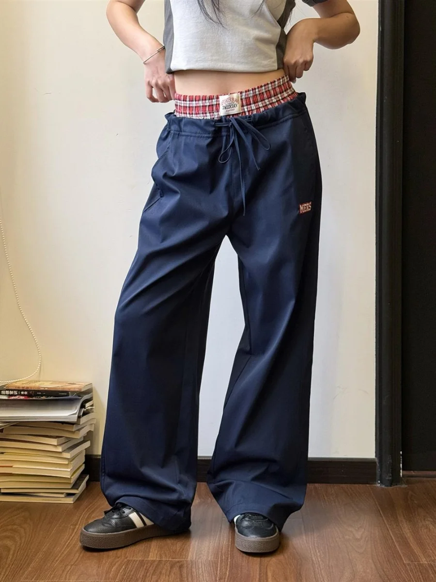 

American Retro Plaid Casual Pants Loose Fit Sports Workwear Trousers ex Summer Design High Waist Straight Leg Pants