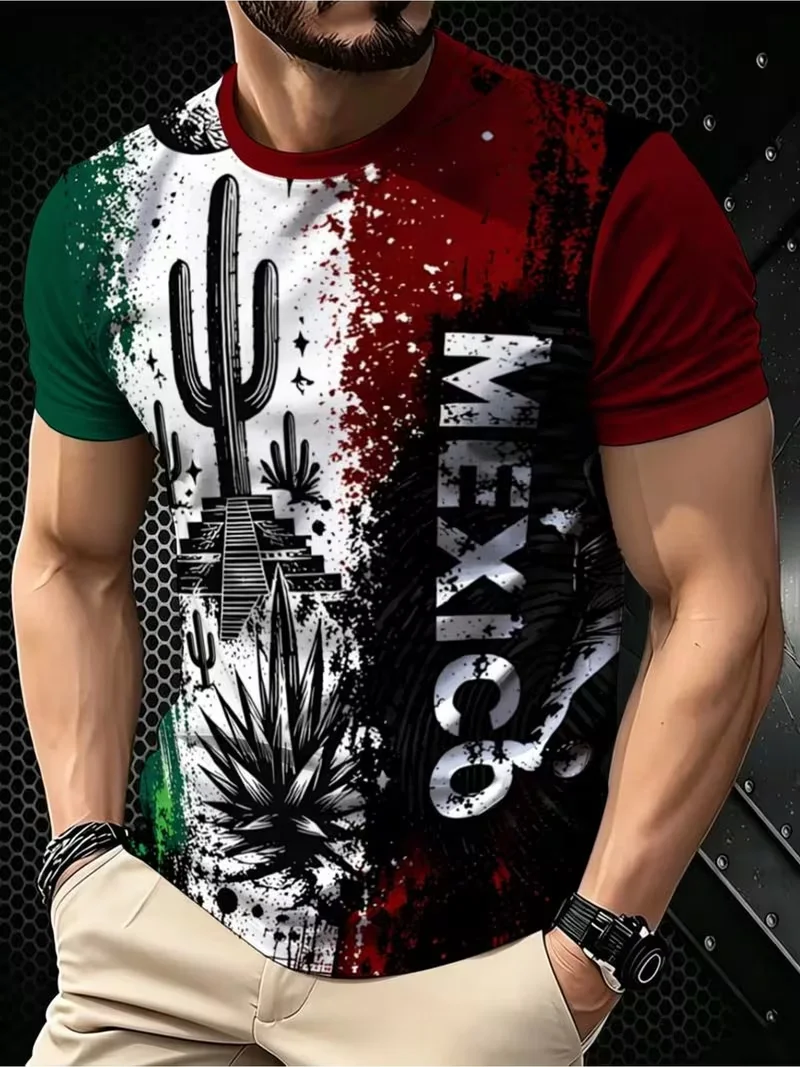Men'S Novelty T-Shirt, Mexican Flag Stylized Print,  Suitable for Casual Wear T-shirt