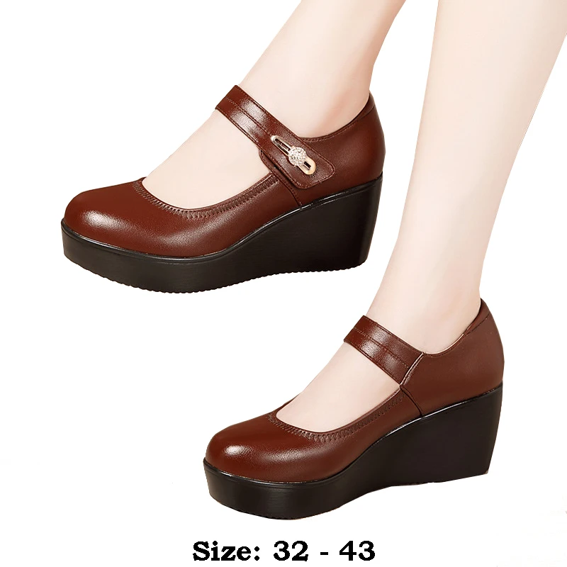 high quality leather wedge shoe for women 6cm mid heel platform round toe 32 33 43 elegant and fashion shoe black red brown