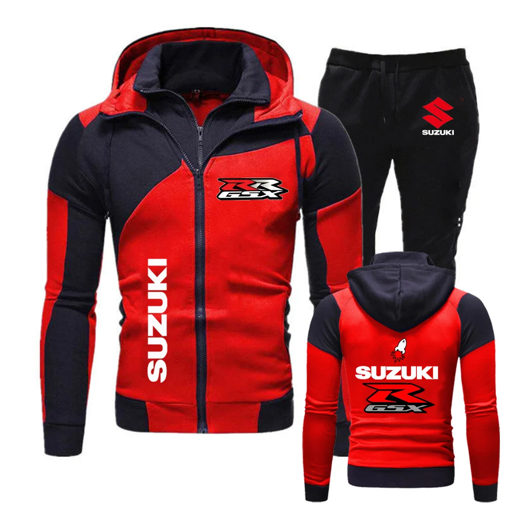 Moletom com zíper duplo masculino Suzuki + calças esportivas casuais, corrida, ciclismo, ginásio, treinamento físico conjunto de roupas esportivas imp