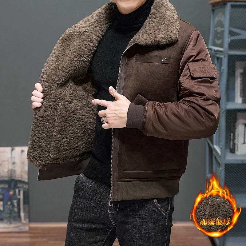 

High Quality Streetwear Fleece Liner Jackets 2025 Winter Men's Fur Collar Plush Coats Youth Windproof Padded Tops Parka Clothing