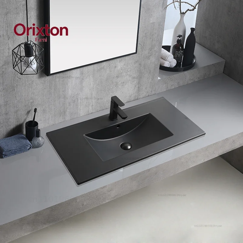 Modern Integrated Matte Black Bathroom Vanity Sink Thin Edge One Piece Ceramic Cabinet Hand Wash Basin