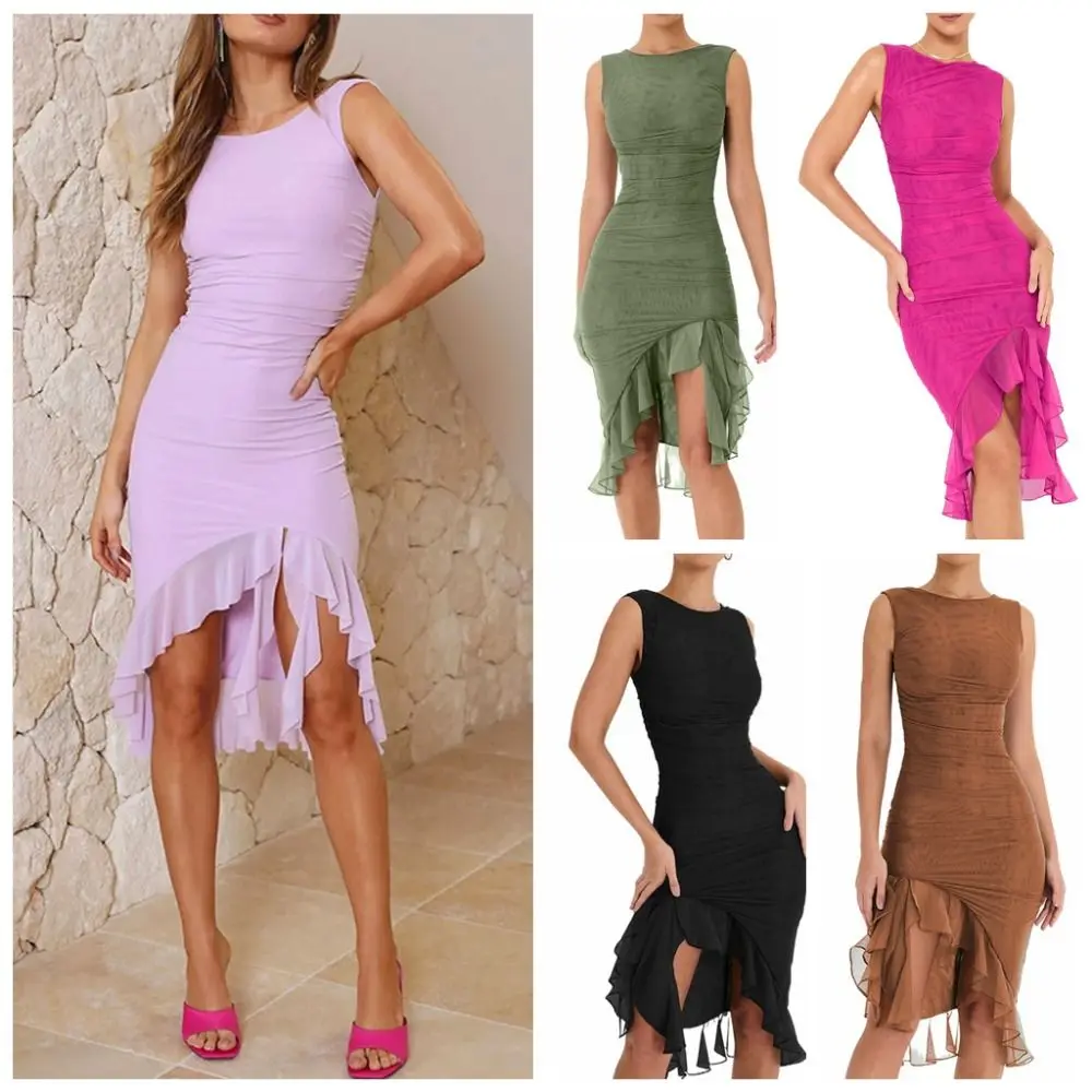 

Elegant Sleeveless Irregular Summer Wrap Dress Appear Thin a-LINE Sleeveless Strap Dresses Flounce Irregular Party