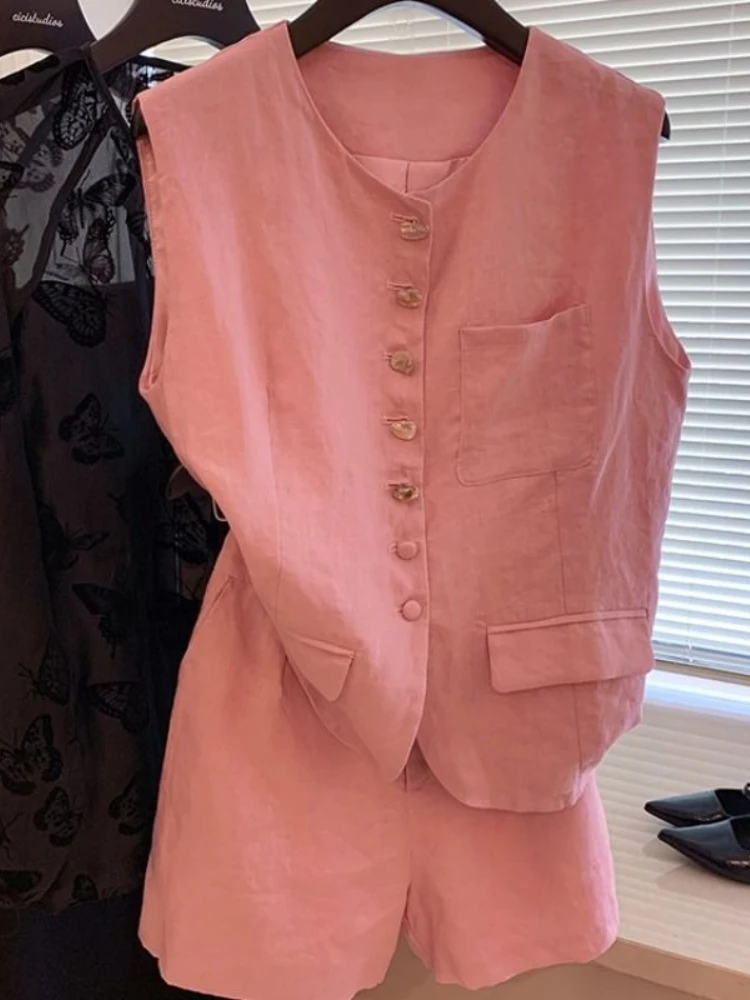 

Pink cotton and linen summer new two-piece set women's loose round neck single breasted vest casual shorts simple commute set