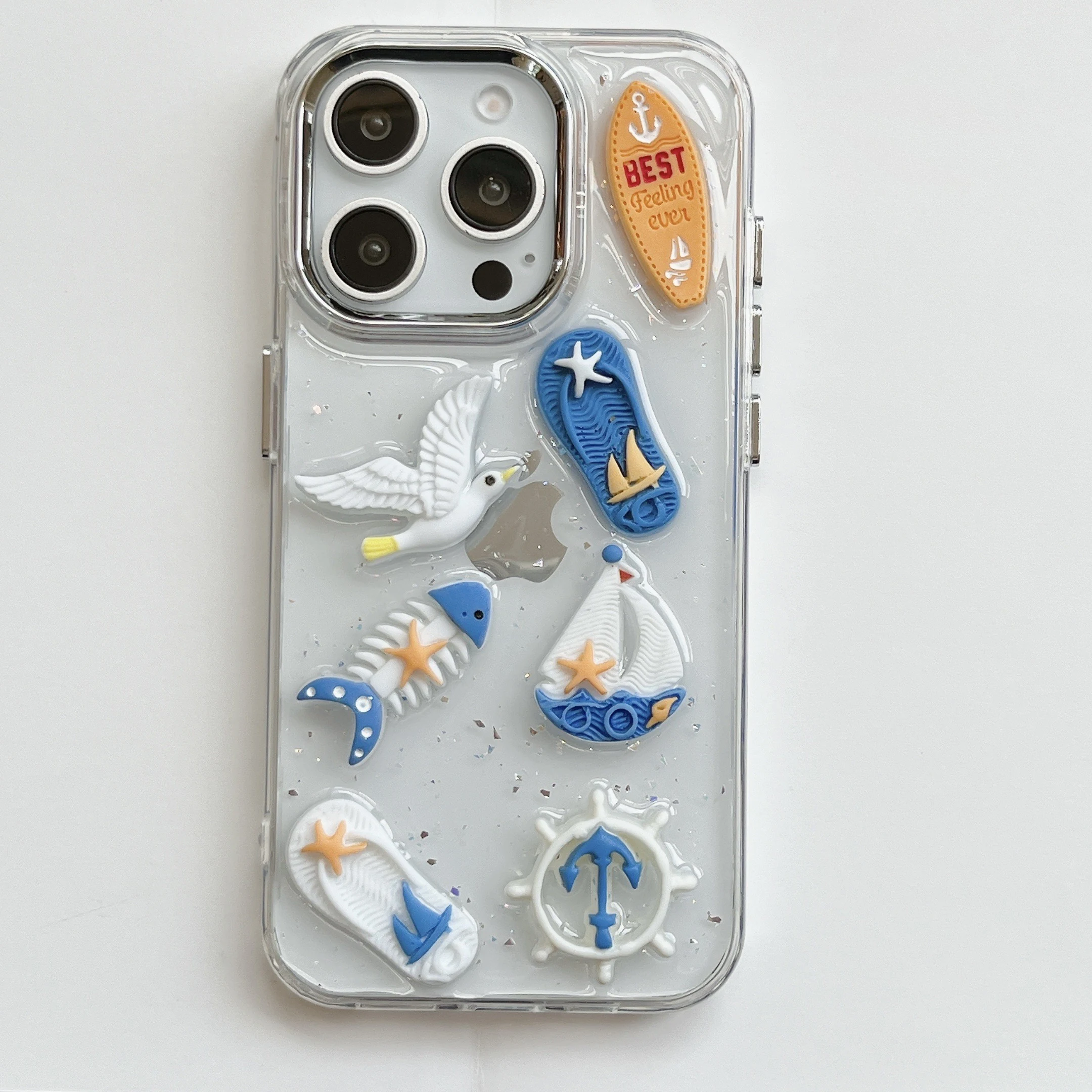 Summer Vibe INS Glittering Transparent 3D Seagull & Flip-flops Chic Phone Case for iPhone 16 15 14 13 Pro Max Back Cover Capa