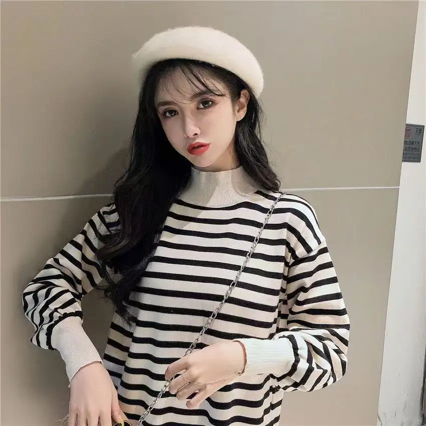 

Осенне-зимняя новая свободная повседневная вязаная нижняя рубашка из 100% хлопка с высоким воротником в полоску, женский свитер