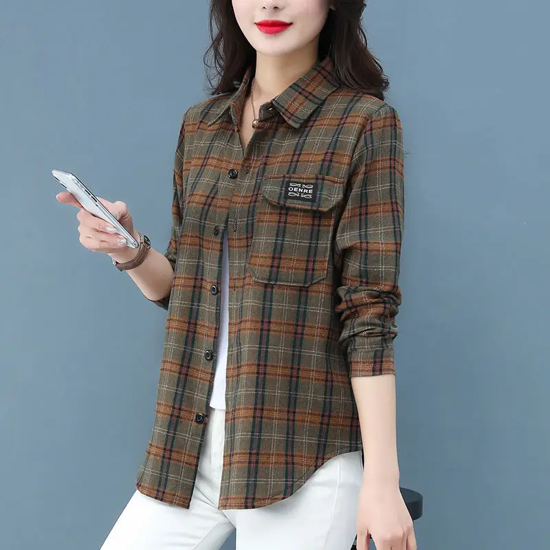 Women\'s Autumn Fashion Simplicity Plaid Polo Collar Long Sleeve Shirts Women Clothes Casual All-match Temperament Loose Tops