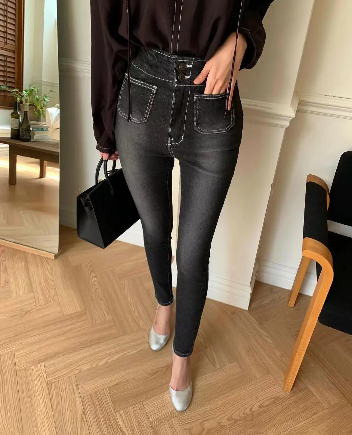 Black Chic Skinny Jeans for Women High Waisted Korean Fashion Elegant Stretch Denim Pants Lady Streetwear Vintage Jean Mom