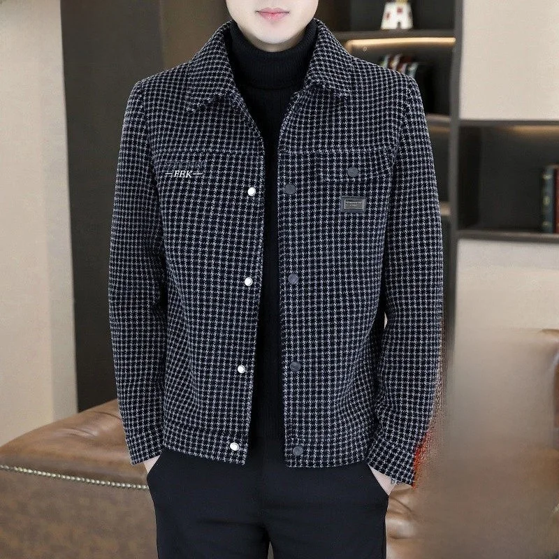 

Pierre Cardin Men's Plaid Woolen Jaet ort Warm Autumn Winter Coat Golden Mink Velvet Stand Fit Casual Sle Workwear