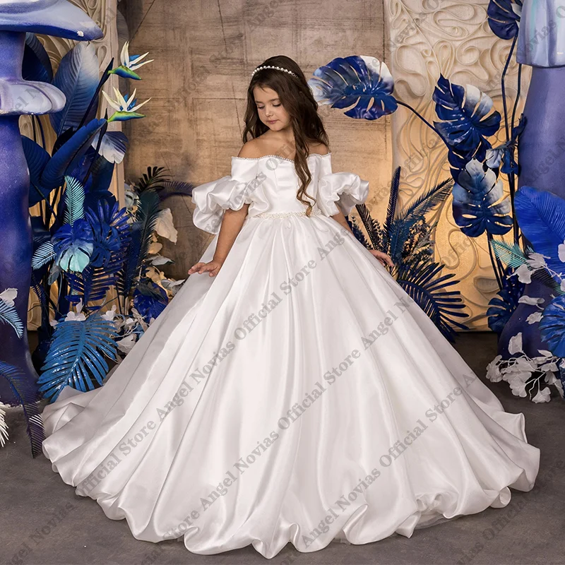 

Angel Novias Customized Long Ball Gown White Satin Princess Flower Girls Dresses Pageant Wedding Party Dress فساتين اطفال