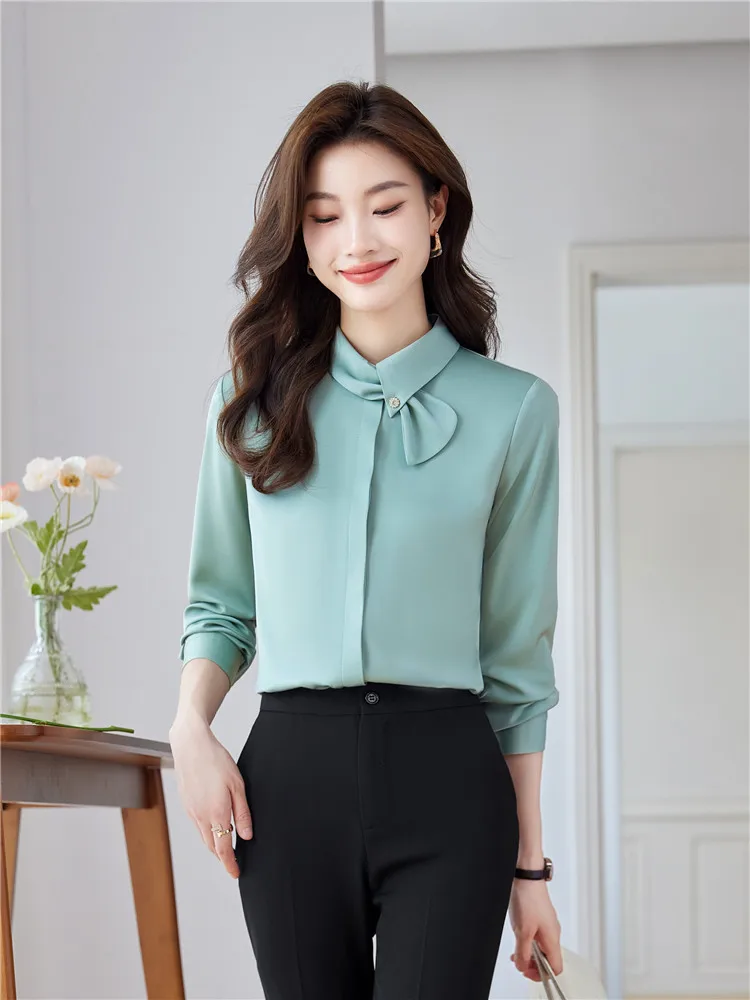 Green Shirts & Blouses for Women Vintage Clothes Long Sleeve Elegant Office Ladies Tops Work Wear New Fashion Spring  Autumn