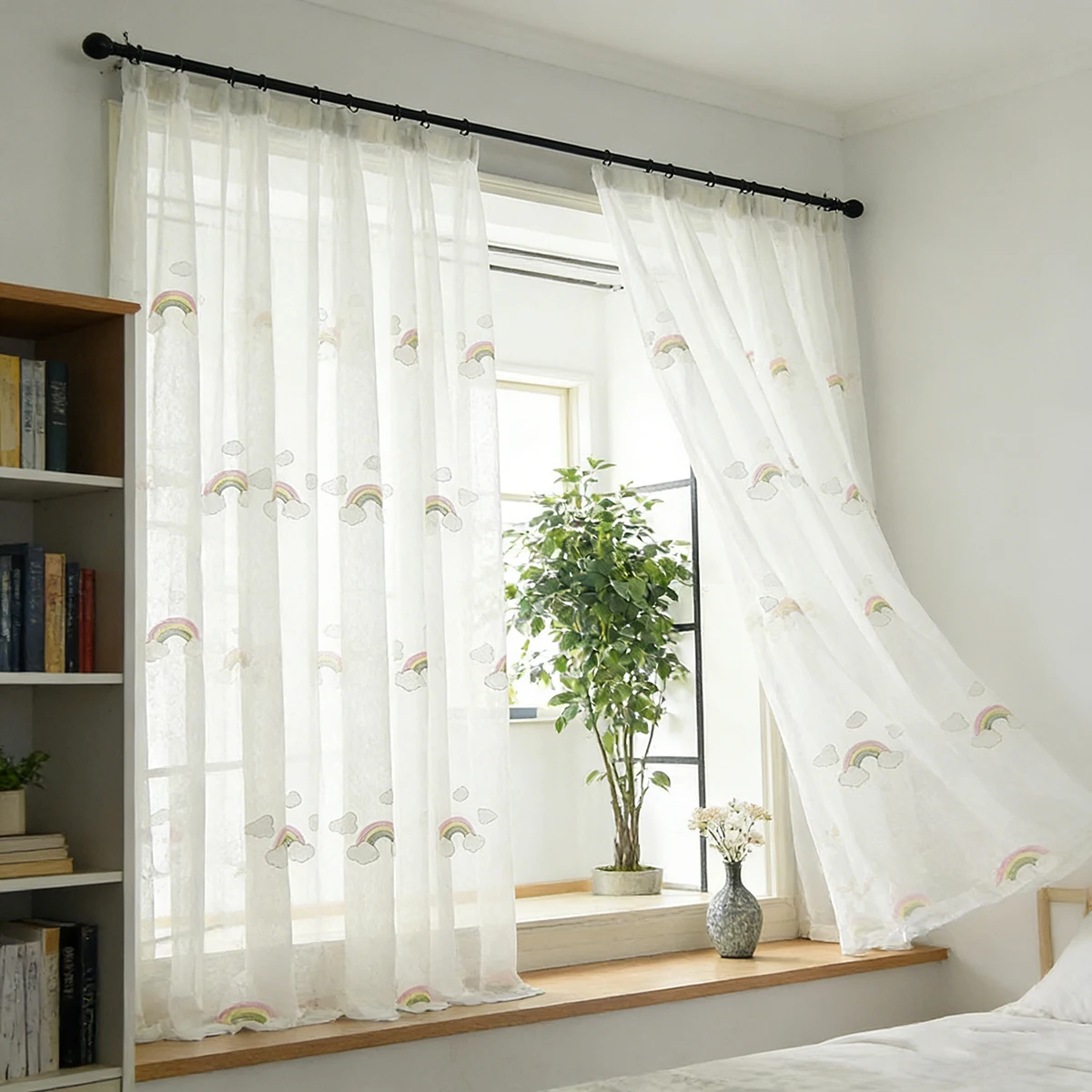 Cortinas transparentes de algodón y lino para ventana de dormitorio, gasa de tul bordada coreana, Nube Blanca y arcoíris, paneles para sala de estar