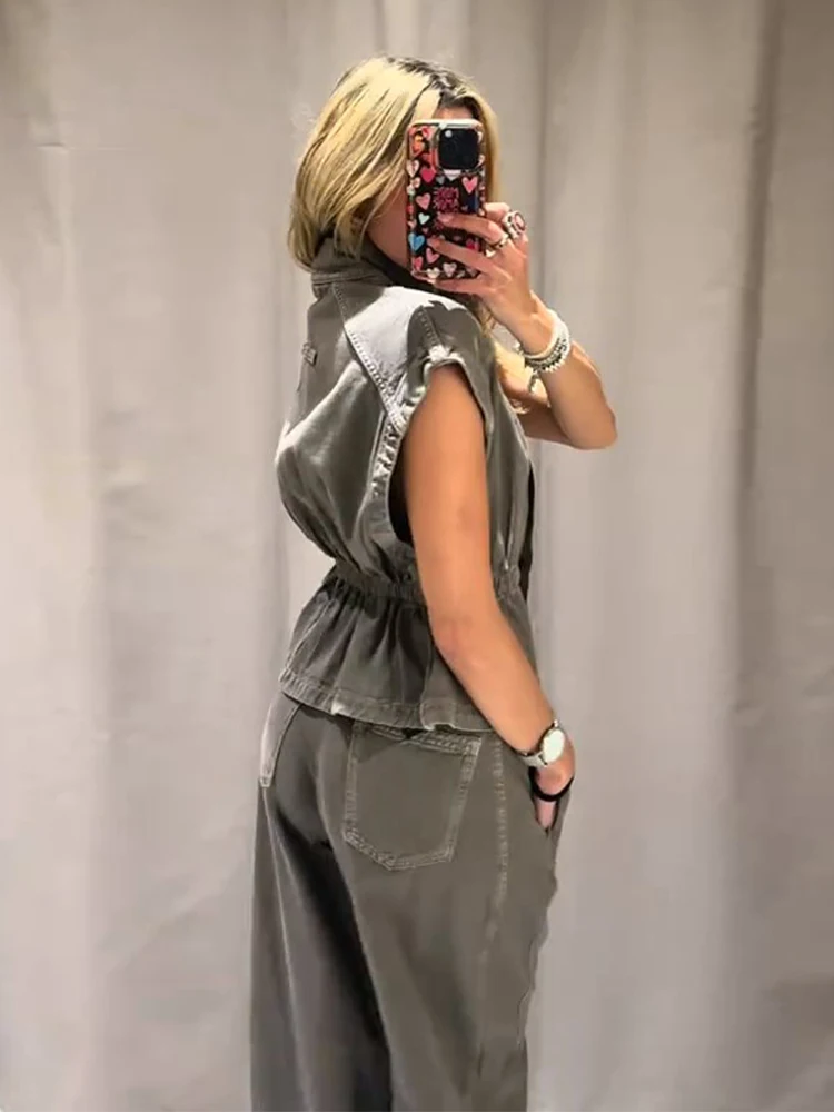Damen-Hosenanzüge Denim Rollkragen Ärmellose Taillenbetonte Weste Hochgeschnittene Weite Hose Schicke Damen-Outfits Neue Partykleidung – Detail 4