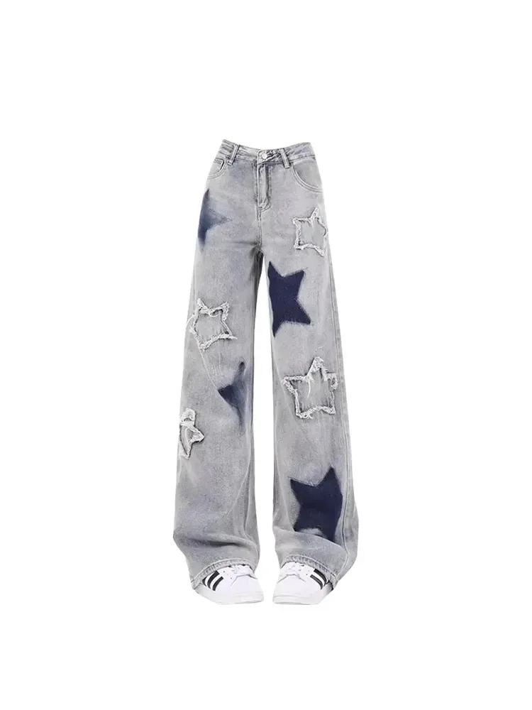

2025 ♥ Новые женские винтажные синие джинсы со звездами и высокой талией, корейские эстетические мешковатые джинсовые брюки Y2k 90-х годов, уличная одежда, широкие штанины 2000-х годов ☆ ★
