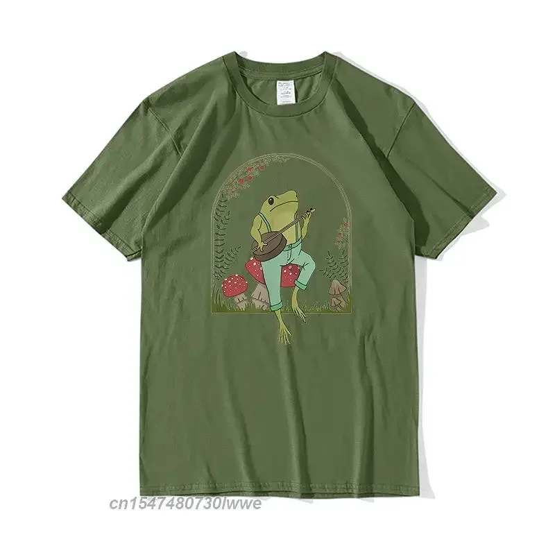 Cottagecore T-Shirt Men Aesthetic Cute Frog Playing Banjo Graphic Cotton Harajuku Tee Shirt Oversized Streetwear Tee Tops Xs-3xl