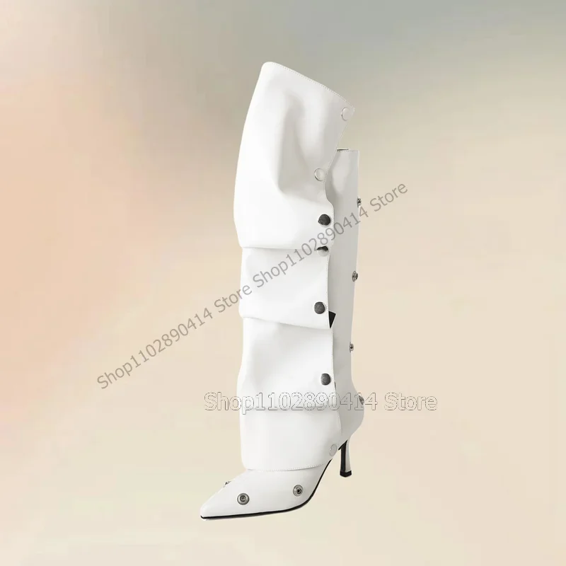 

White Black Rivets Decor Pleated Design Pointed Toe Boots Slip On Women Shoes Thin High Heels Fashion 2023 Zapatos Para Mujere