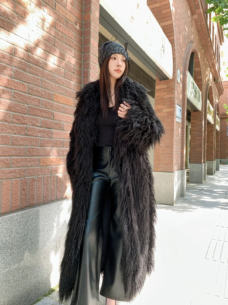 Lady Personalized Black Faux Fur Coat Female Lape Shaggy Outerwear Women's Winte Long Jacket Streetwear with Belt Promotion