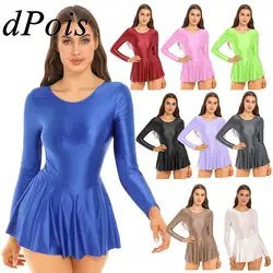 Mini Dress for Womens Glossy Long Sleeve Ruffled Dress for Sports Ballet Dance Party Clubbing Dresses Femme Gymnastics Leotard